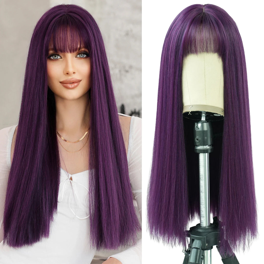 28 Inch Honey Blond Wig with Bangs, Long Straight Synthetic Wig for Women. Natural looking and suitable for daily use.
