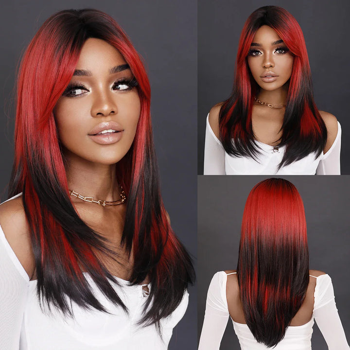 Blonde ombre layered wig with curtain bangs for women. High density heat resistant synthetic hair in dark brown.