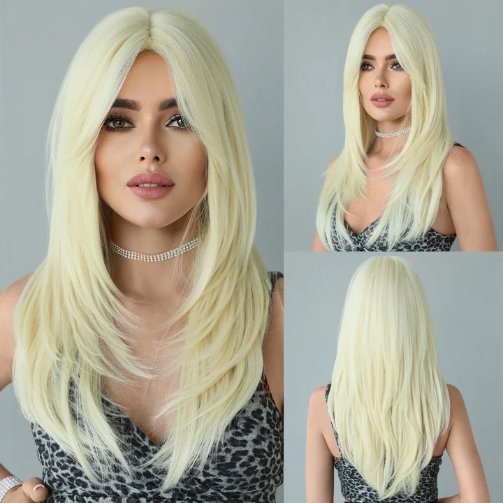 Blonde ombre layered wig with curtain bangs for women. High density heat resistant synthetic hair in dark brown.