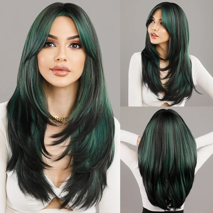 Blonde ombre layered wig with curtain bangs for women. High density heat resistant synthetic hair in dark brown.