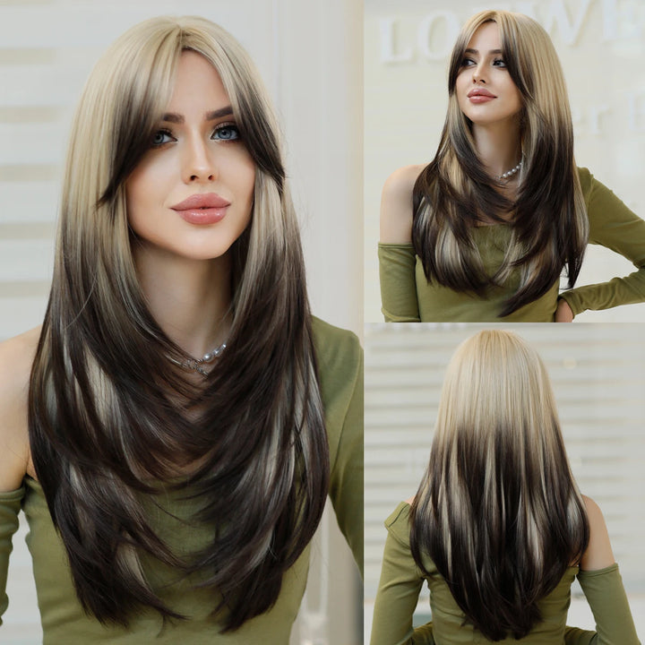 Blonde ombre layered wig with curtain bangs for women. High density heat resistant synthetic hair in dark brown.