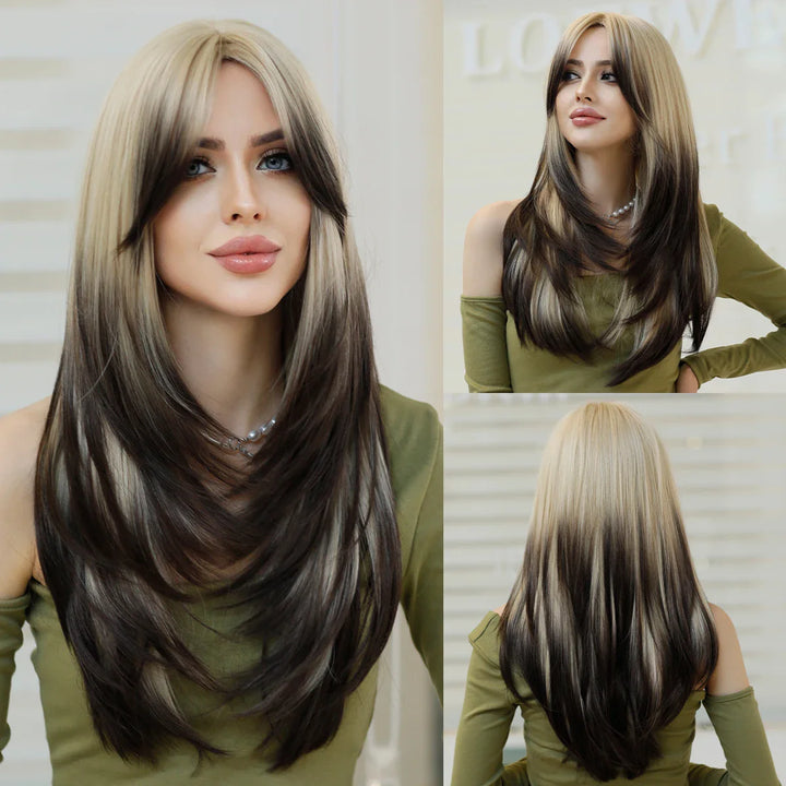 Blonde ombre layered wig with curtain bangs for women. High density heat resistant synthetic hair in dark brown.