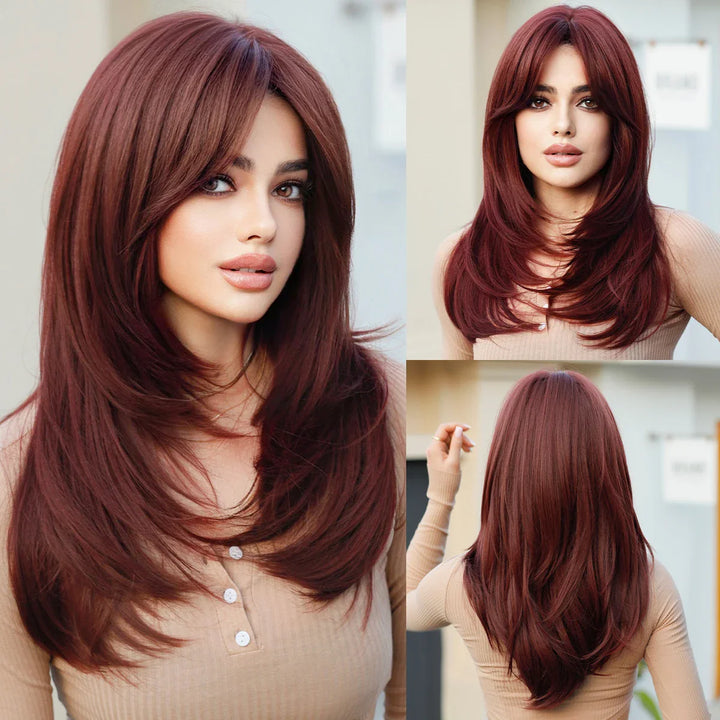 Green Highlight Layered Wig with Curtain Bangs, Synthetic Heat Resistant Hair Wig for Women.