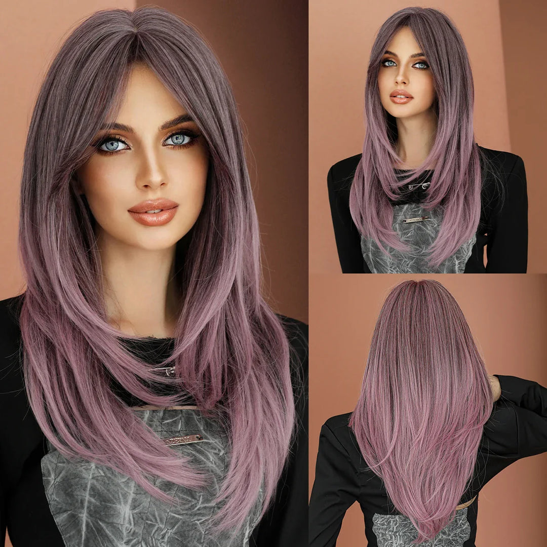 Green Highlight Layered Wig with Curtain Bangs, Synthetic Heat Resistant Hair Wig for Women.