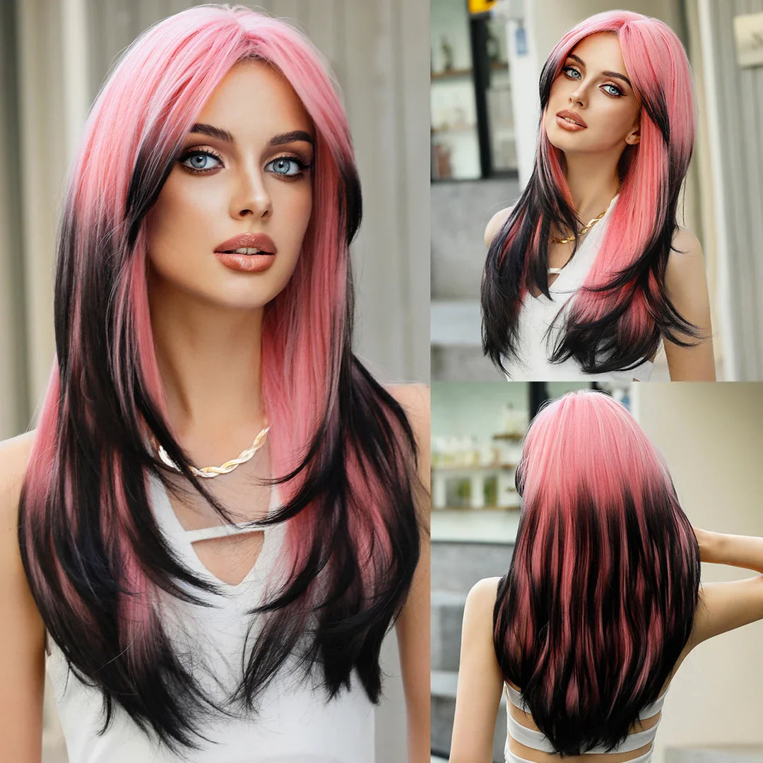 Blonde ombre layered wig with curtain bangs for women. High density heat resistant synthetic hair in dark brown.