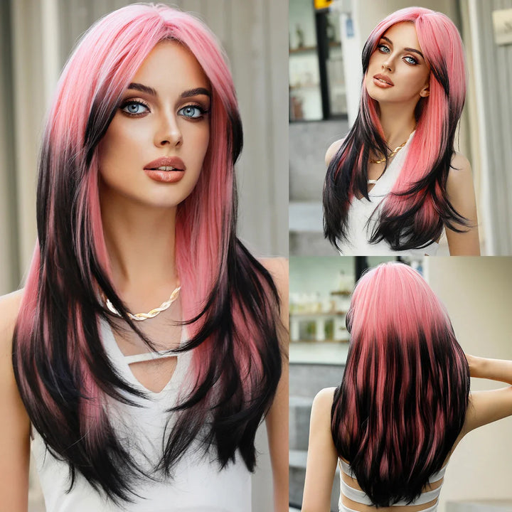 Green Highlight Layered Wig with Curtain Bangs, Synthetic Heat Resistant Hair Wig for Women.