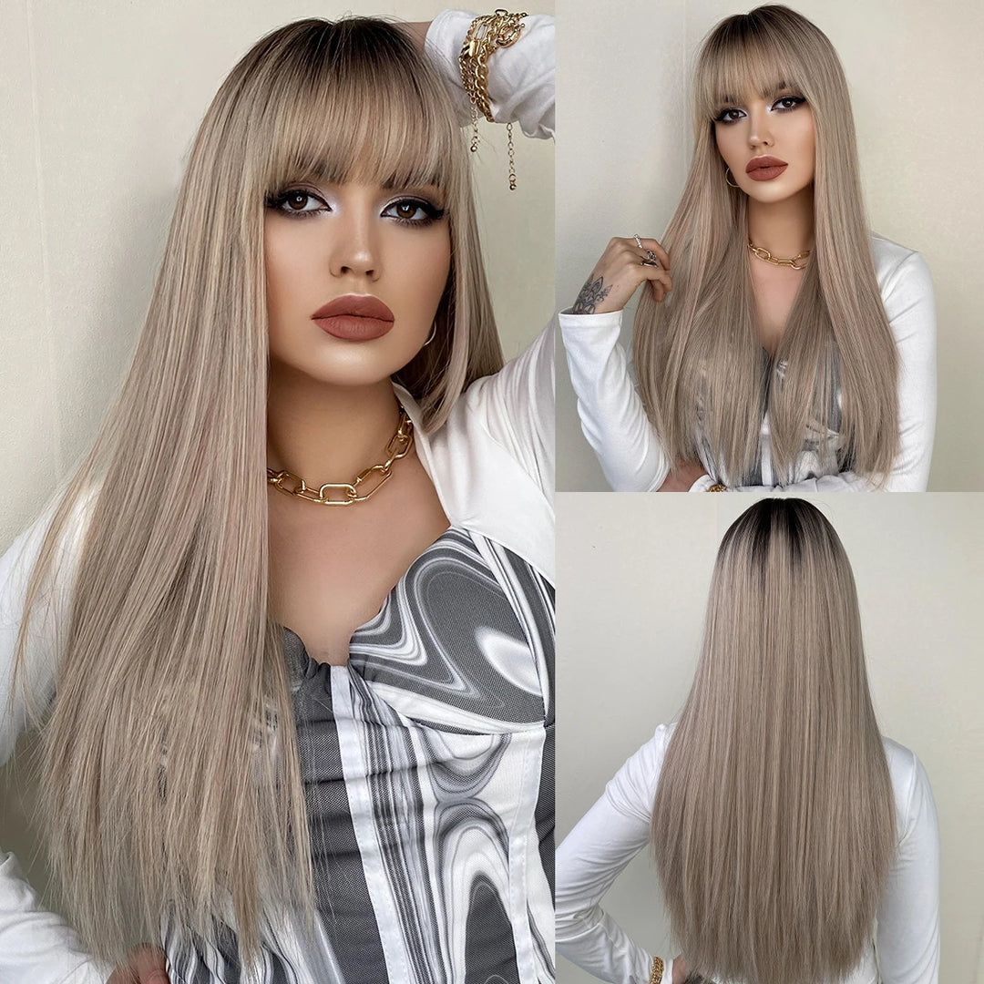 Turquoise Ombre Synthetic Wig with Bangs - Heat Resistant, Bluish Green with Black Roots for a Natural Look.