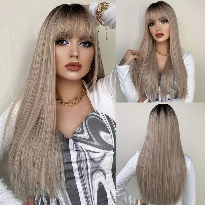 Turquoise Ombre Synthetic Wig with Bangs - Heat Resistant, Bluish Green with Black Roots for a Natural Look.