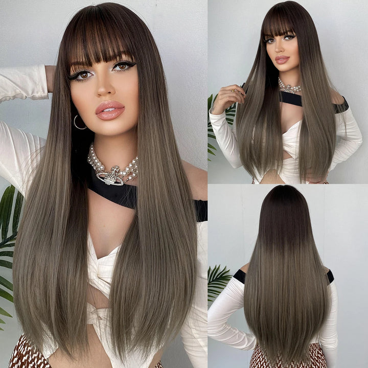 Turquoise Ombre Synthetic Wig with Bangs - Heat Resistant, Bluish Green with Black Roots for a Natural Look.