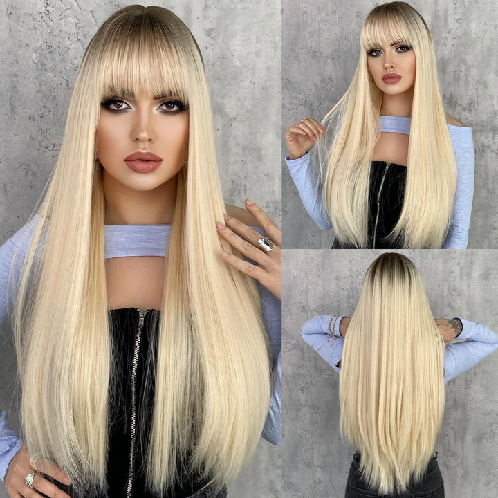 Turquoise Ombre Synthetic Wig with Bangs - Heat Resistant, Bluish Green with Black Roots for a Natural Look.
