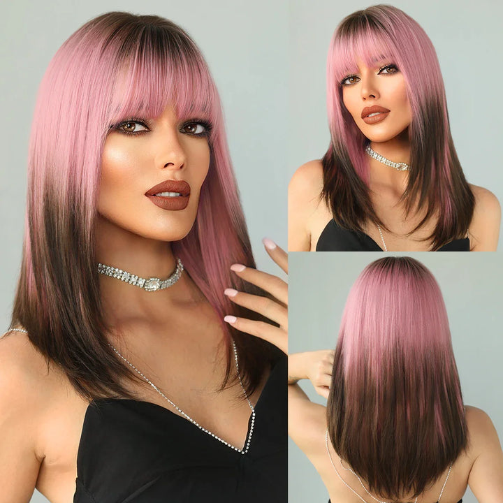 Ombre Blonde Wigs for Women Medium Length Straight Layered Synthetic Wigs With Bangs