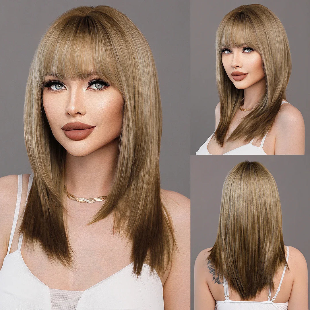 Ombre Blonde Wigs for Women Medium Length Straight Layered Synthetic Wigs With Bangs