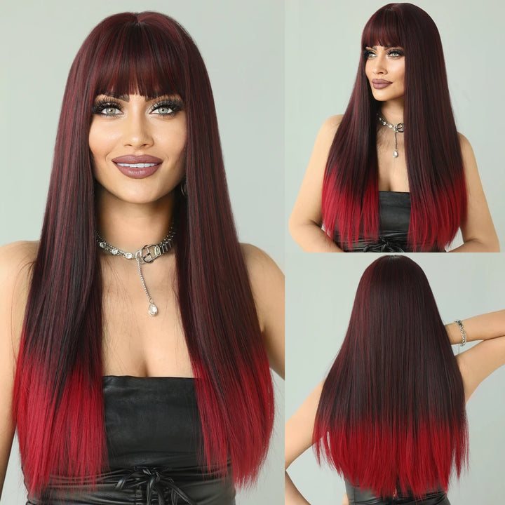 Turquoise Ombre Synthetic Wig with Bangs - Heat Resistant, Bluish Green with Black Roots for a Natural Look.
