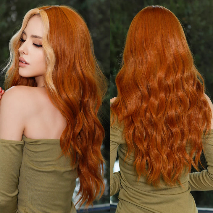 Skunk Water Wave Wig Synthetic Curly Wig for Women Long Deep Wave Wig in Light Brown With Ginger Orange Highlights.