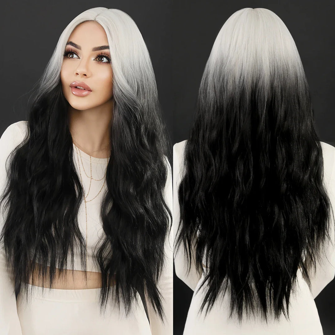 Skunk Water Wave Wig Synthetic Curly Wig for Women Long Deep Wave Wig in Light Brown With Ginger Orange Highlights.