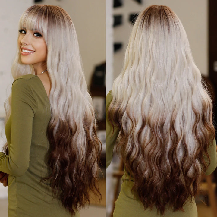 Ombre White Wig Long Wavy Wigs with Bangs for Women Long Platinum Blonde Wig Natural Looking Synthetic Heat Resistant Hair