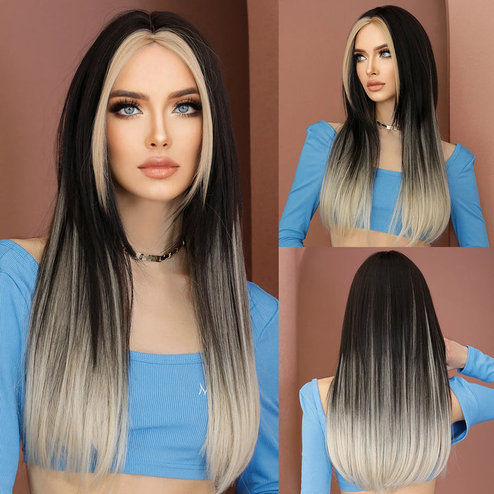 Turquoise Ombre Synthetic Wig with Bangs - Heat Resistant, Bluish Green with Black Roots for a Natural Look.