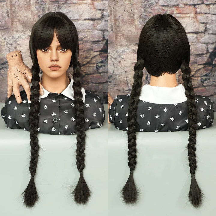 Red and black costume wig with pigtail braids, perfect for cosplay, Halloween, or drag queen looks inspired by the Crazy Bride character from Suicide Squad. Made with synthetic hair.