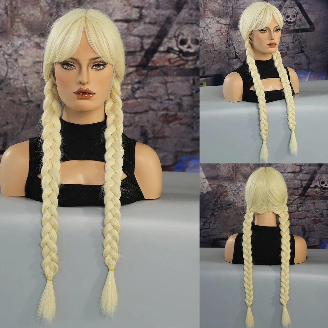 Red and black costume wig with pigtail braids, perfect for cosplay, Halloween, or drag queen looks inspired by the Crazy Bride character from Suicide Squad. Made with synthetic hair.