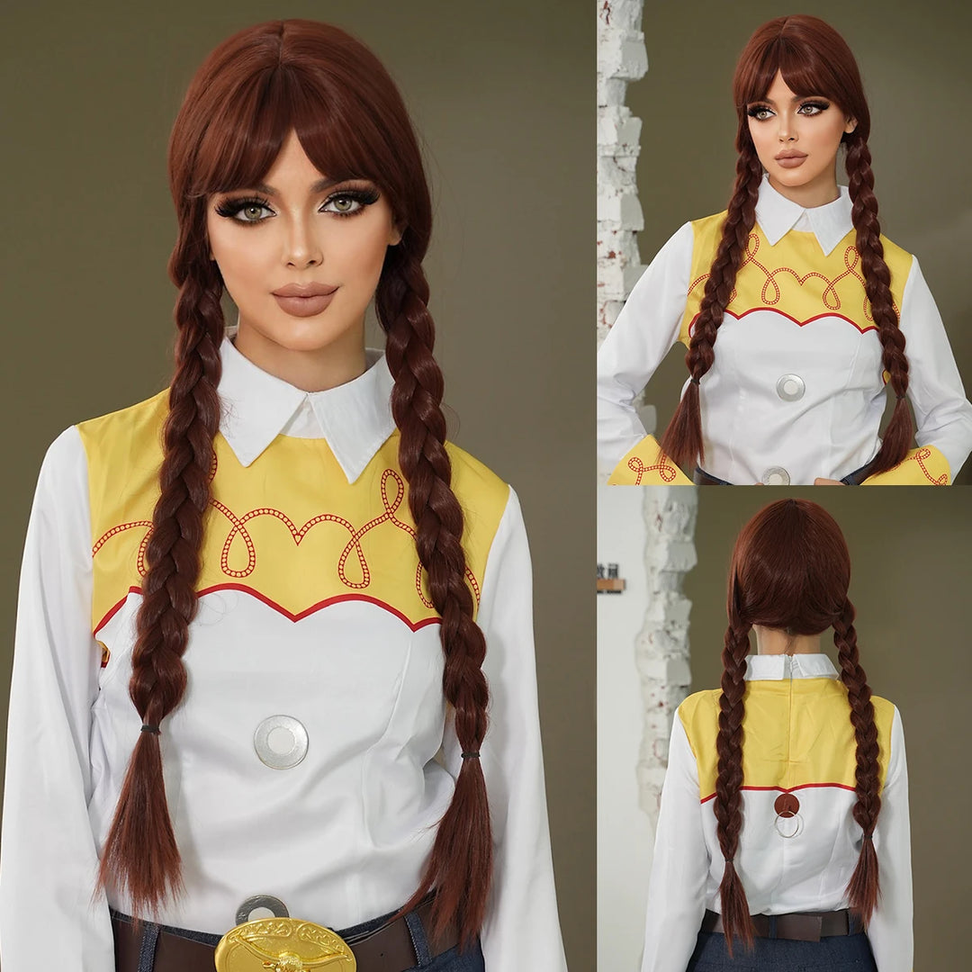 Red and black costume wig with pigtail braids, perfect for cosplay, Halloween, or drag queen looks inspired by the Crazy Bride character from Suicide Squad. Made with synthetic hair.