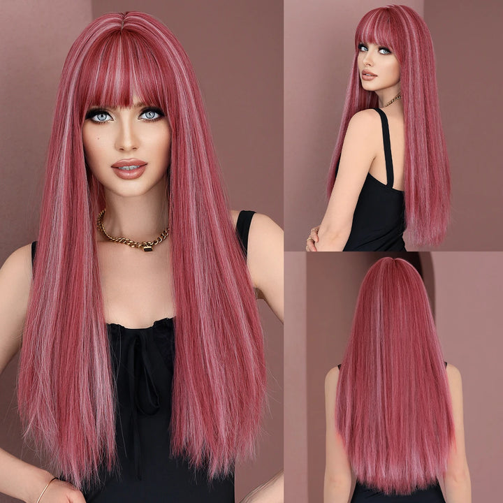 Turquoise Ombre Synthetic Wig with Bangs - Heat Resistant, Bluish Green with Black Roots for a Natural Look.