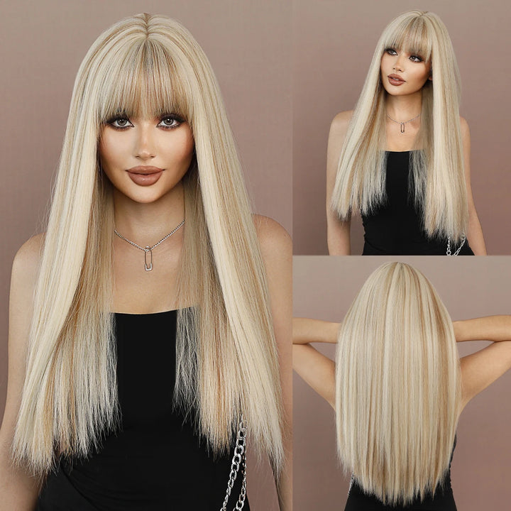 Turquoise Ombre Synthetic Wig with Bangs - Heat Resistant, Bluish Green with Black Roots for a Natural Look.