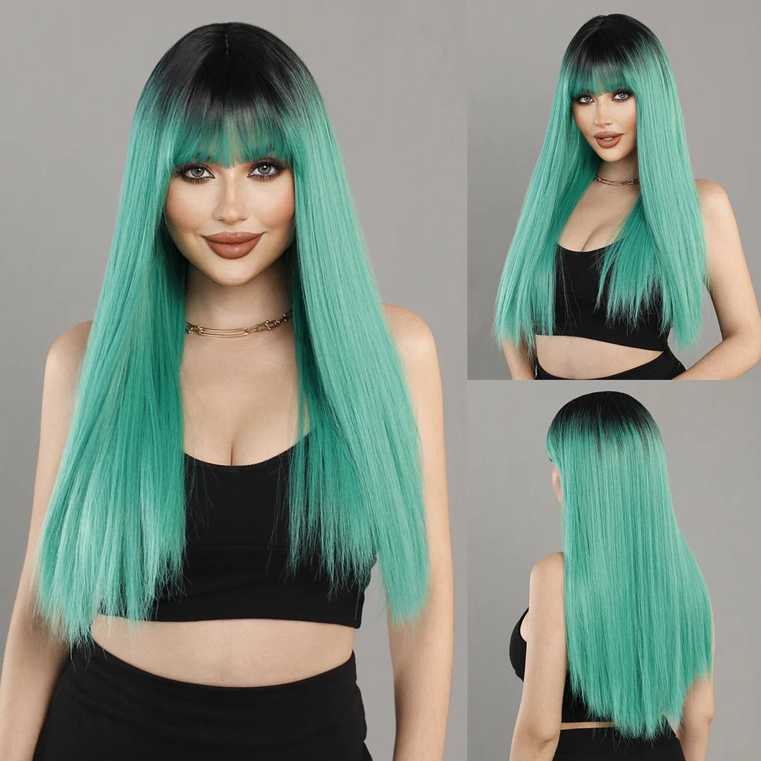 Turquoise Ombre Synthetic Wig with Bangs - Heat Resistant, Bluish Green with Black Roots for a Natural Look.