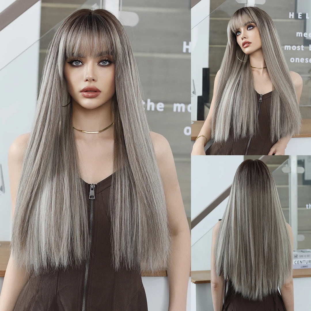 Turquoise Ombre Synthetic Wig with Bangs - Heat Resistant, Bluish Green with Black Roots for a Natural Look.