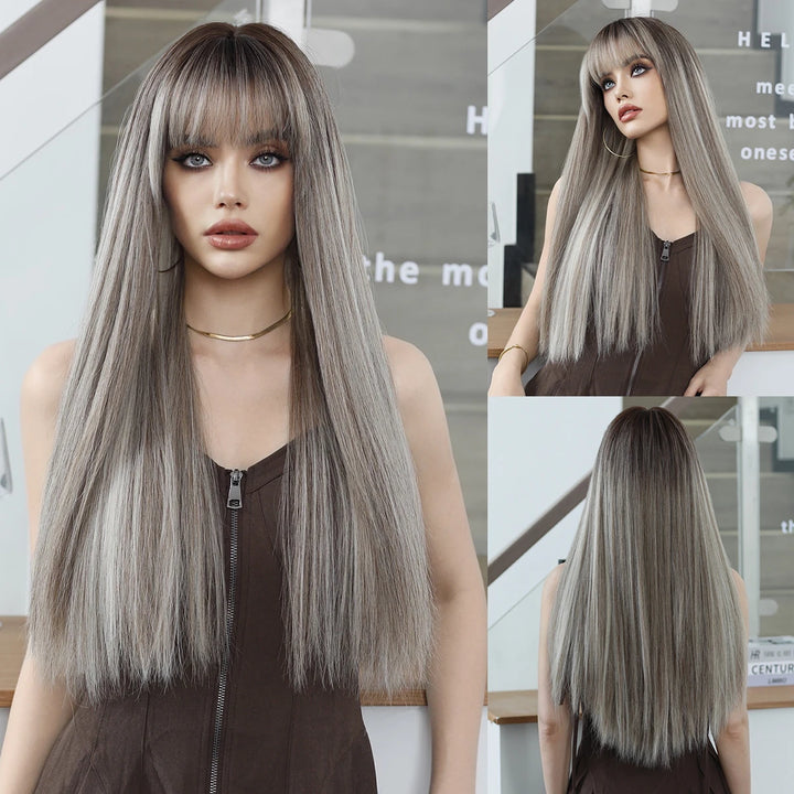 Turquoise Ombre Synthetic Wig with Bangs - Heat Resistant, Bluish Green with Black Roots for a Natural Look.