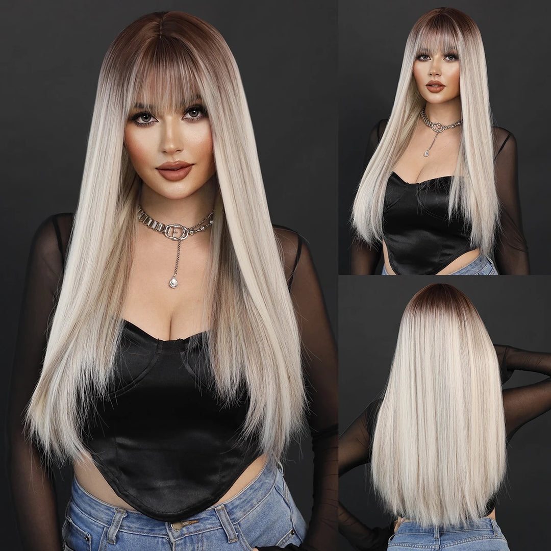 Turquoise Ombre Synthetic Wig with Bangs - Heat Resistant, Bluish Green with Black Roots for a Natural Look.