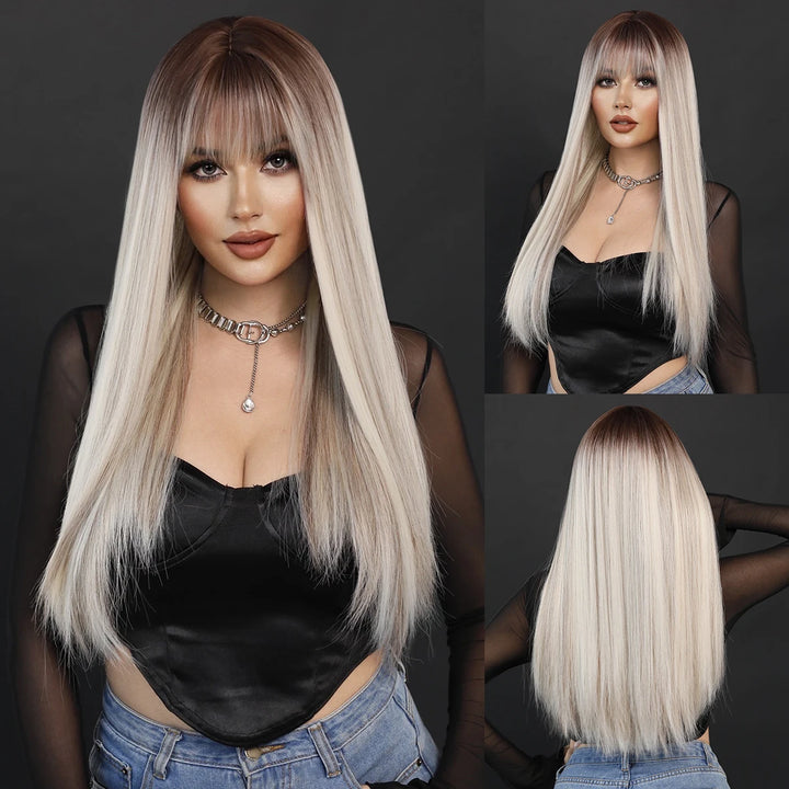 Turquoise Ombre Synthetic Wig with Bangs - Heat Resistant, Bluish Green with Black Roots for a Natural Look.