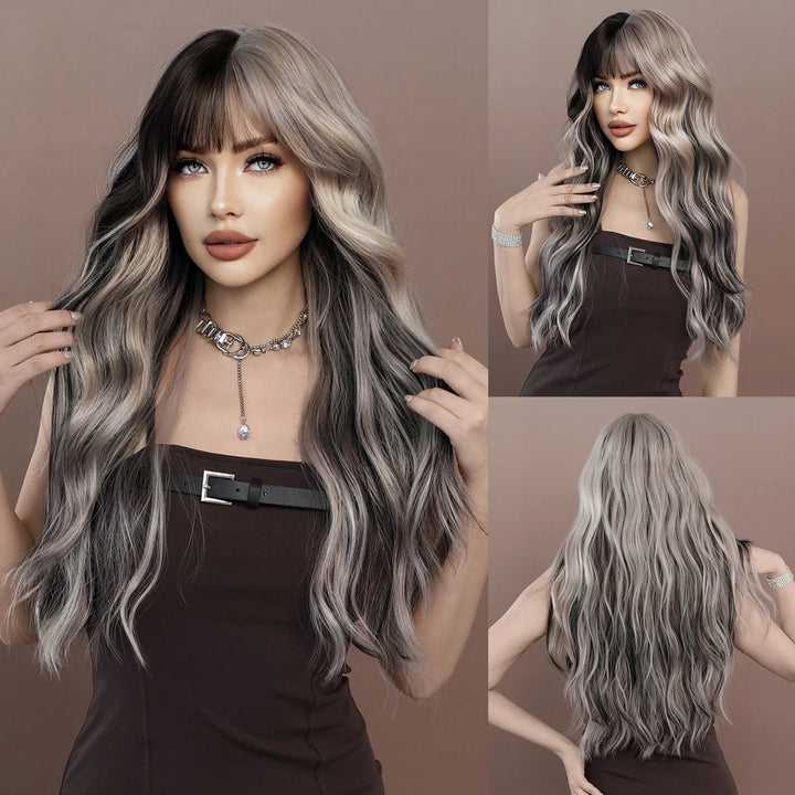 Brown wig with bangs, long wavy style with mixed blonde highlights. Made from natural curly synthetic fiber, resistant to heat. Perfect for daily use by women.