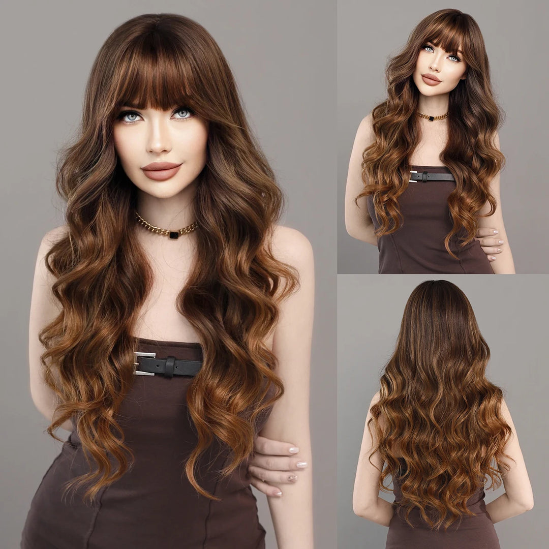 Brown wig with bangs, long wavy style with mixed blonde highlights. Made from natural curly synthetic fiber, resistant to heat. Perfect for daily use by women.