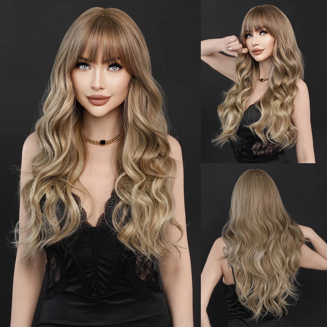Brown wig with bangs, long wavy style with mixed blonde highlights. Made from natural curly synthetic fiber, resistant to heat. Perfect for daily use by women.