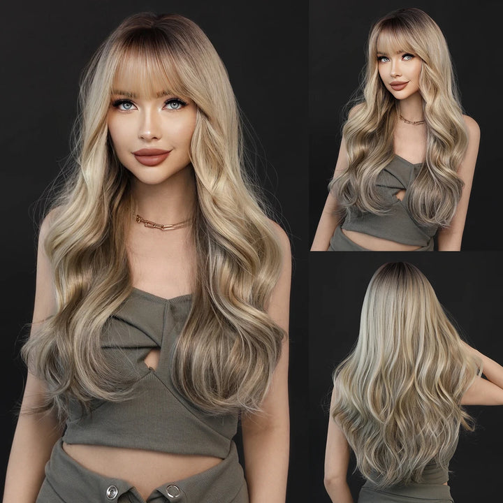 Brown wig with bangs, long wavy style with mixed blonde highlights. Made from natural curly synthetic fiber, resistant to heat. Perfect for daily use by women.