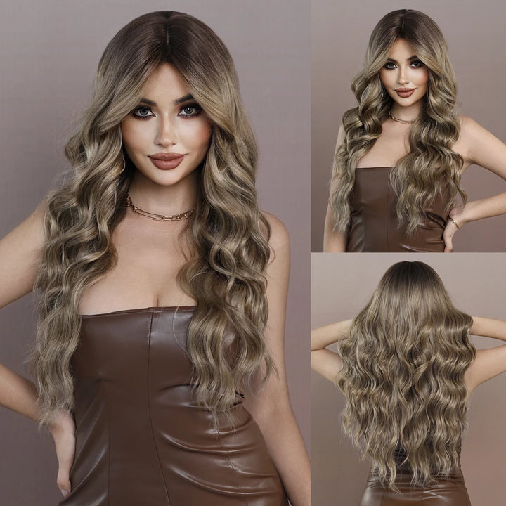 Brown wig with bangs, long wavy style with mixed blonde highlights. Made from natural curly synthetic fiber, resistant to heat. Perfect for daily use by women.