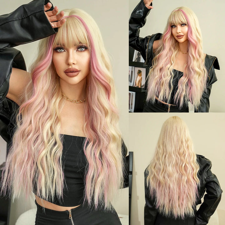 Brown wig with bangs, long wavy style with mixed blonde highlights. Made from natural curly synthetic fiber, resistant to heat. Perfect for daily use by women.