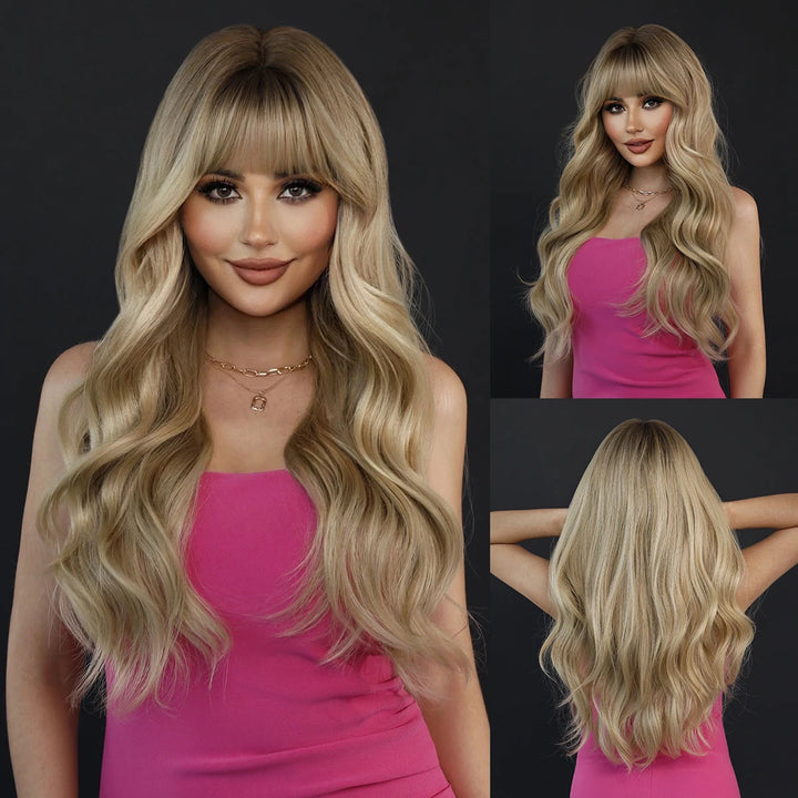 Brown wig with bangs, long wavy style with mixed blonde highlights. Made from natural curly synthetic fiber, resistant to heat. Perfect for daily use by women.