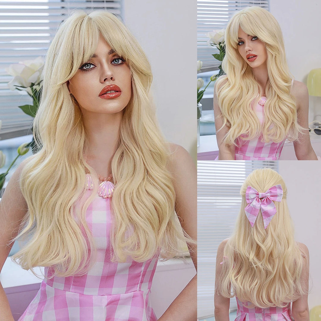 Brown wig with bangs, long wavy style with mixed blonde highlights. Made from natural curly synthetic fiber, resistant to heat. Perfect for daily use by women.