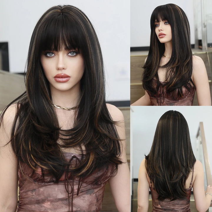 Light pink long wavy wig with bangs, 26 inches, made of synthetic heat-resistant hair. Perfect for daily use.