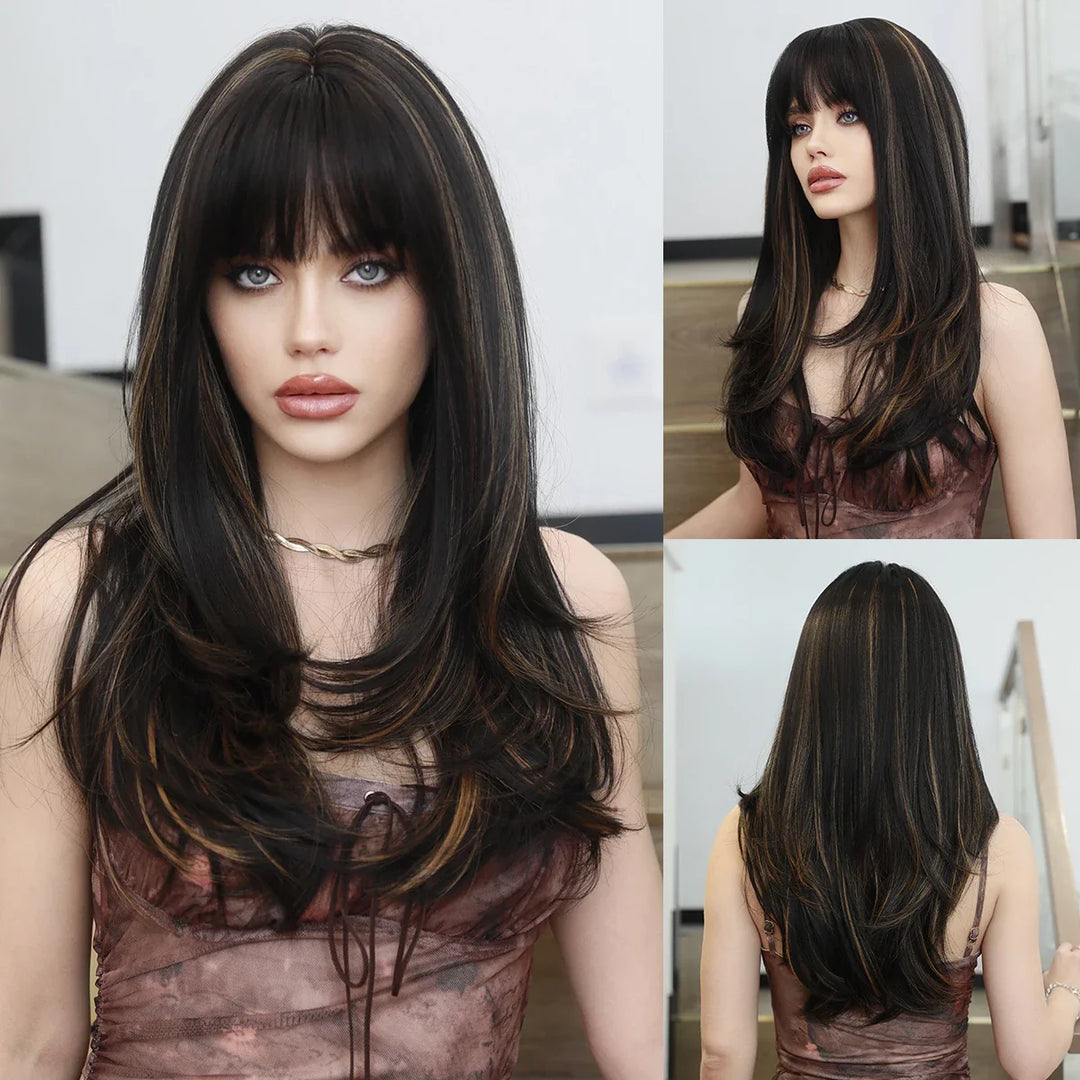 Light pink long wavy wig with bangs, 26 inches, made of synthetic heat-resistant hair. Perfect for daily use.