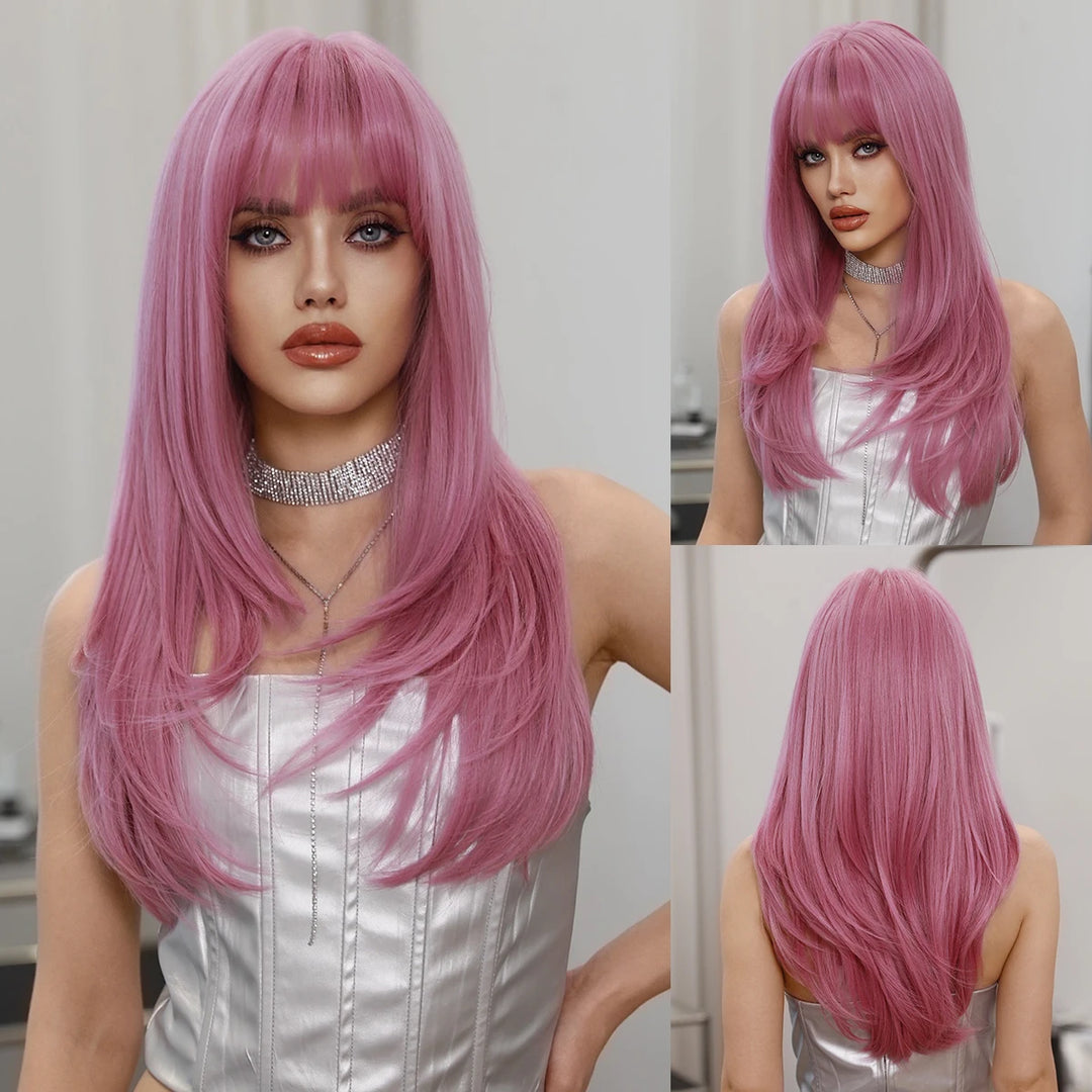 Light pink long wavy wig with bangs, 26 inches, made of synthetic heat-resistant hair. Perfect for daily use.