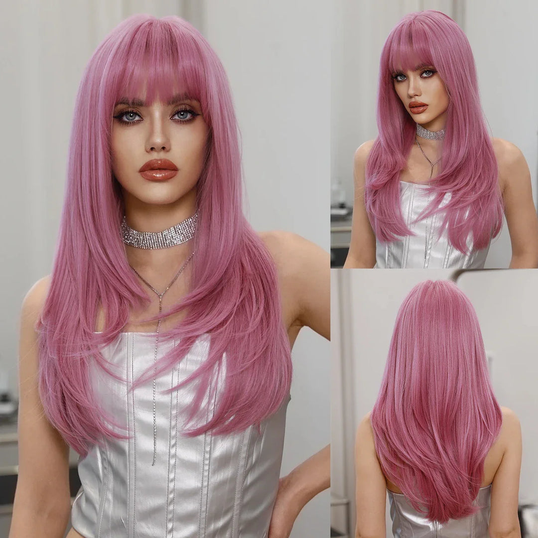 Light pink long wavy wig with bangs, 26 inches, made of synthetic heat-resistant hair. Perfect for daily use.