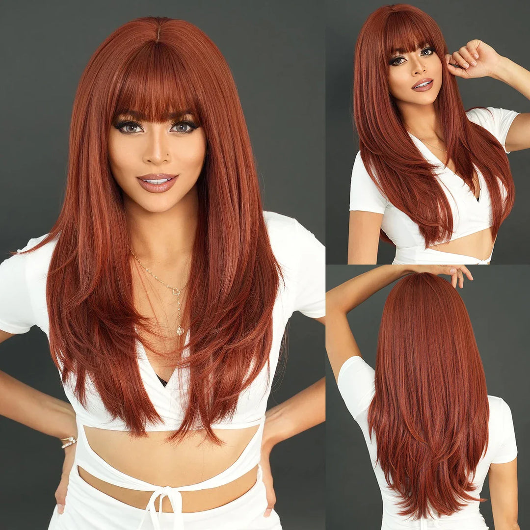 Light pink long wavy wig with bangs, 26 inches, made of synthetic heat-resistant hair. Perfect for daily use.