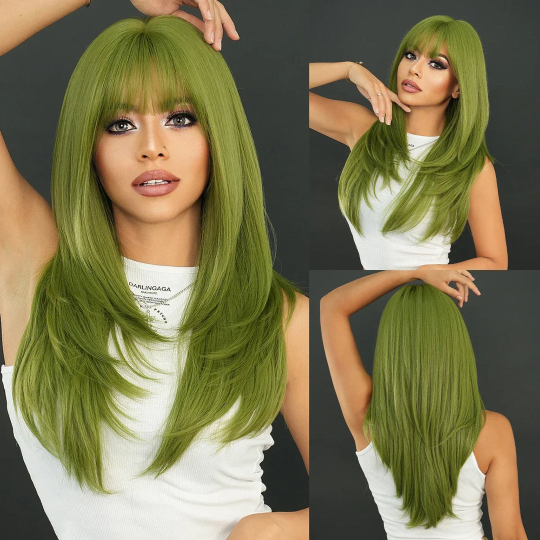 Light pink long wavy wig with bangs, 26 inches, made of synthetic heat-resistant hair. Perfect for daily use.
