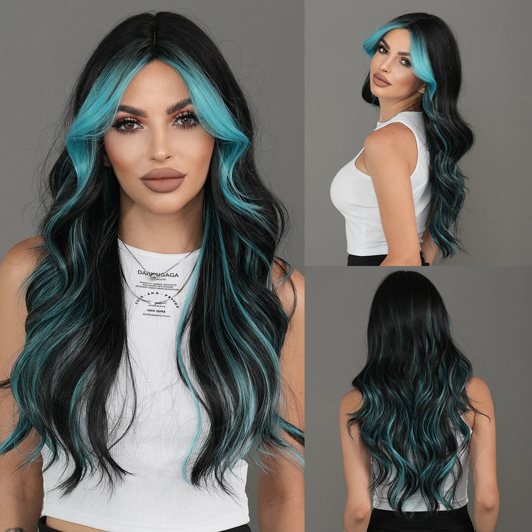 Black Green Synthetic Hair Skunk Stripe Long Wavy Wig, 26 Inch, Heat Resistant Fiber, Wholesale, Natural Matt.
