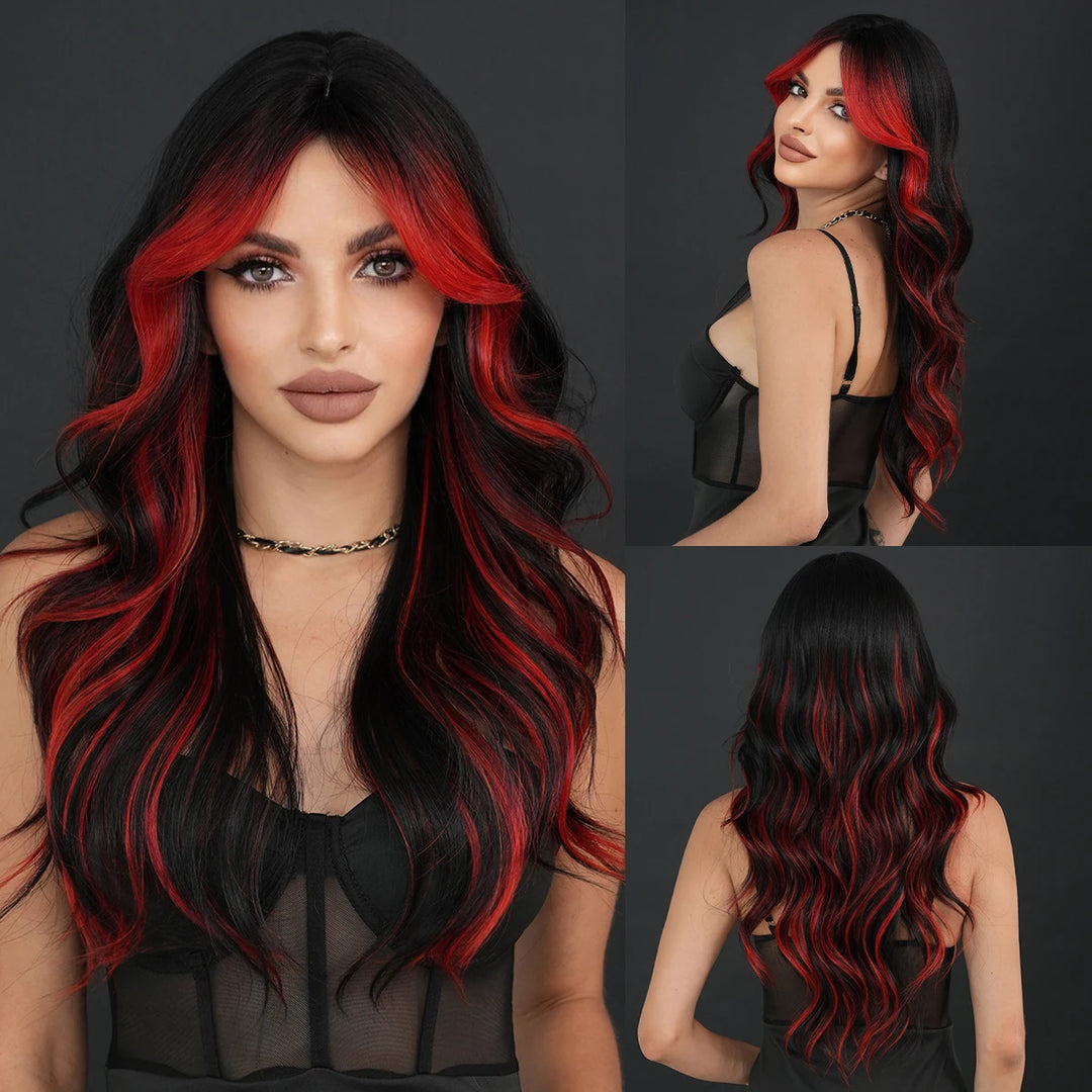 Black Green Synthetic Hair Skunk Stripe Long Wavy Wig, 26 Inch, Heat Resistant Fiber, Wholesale, Natural Matt.