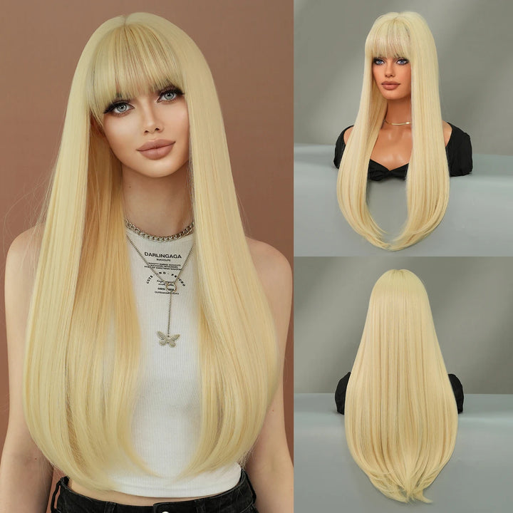 Long Straight Honey Blonde High-Quality Synthetic Hair with Bangs for Women. Heat-Resistant Fiber, Hot Selling 28 Inch.