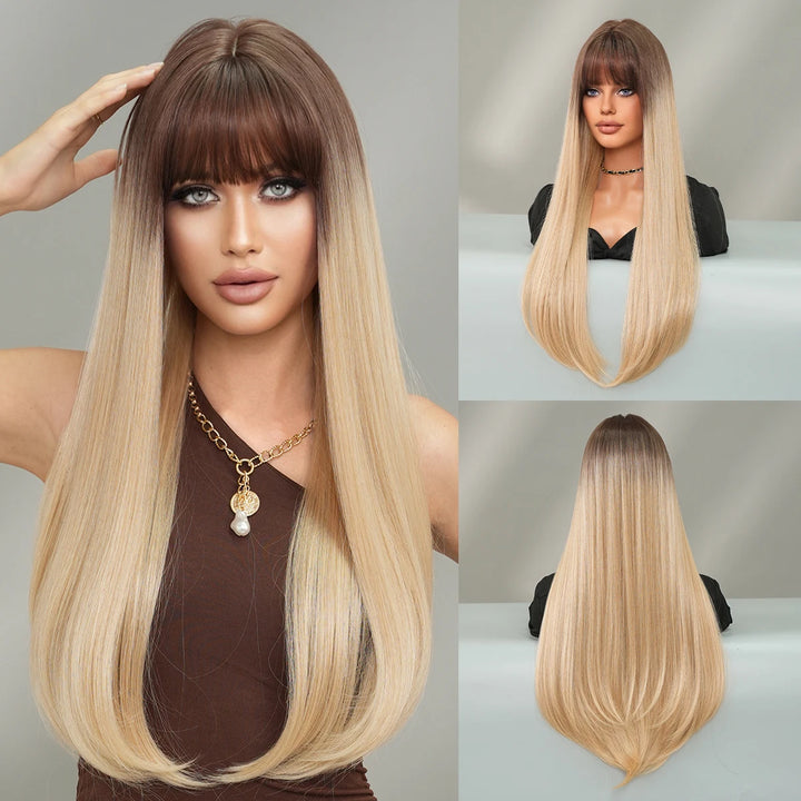 Long Straight Honey Blonde High-Quality Synthetic Hair with Bangs for Women. Heat-Resistant Fiber, Hot Selling 28 Inch.