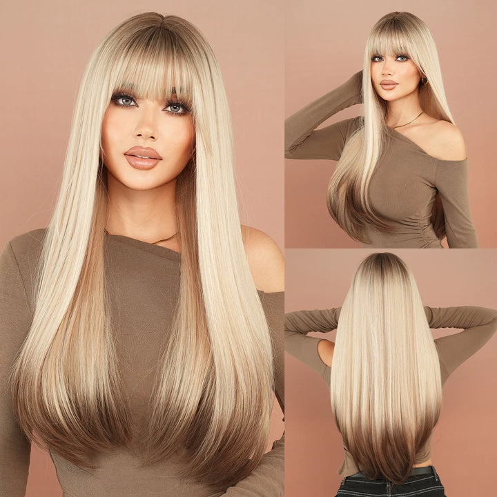 Long Straight Honey Blonde High-Quality Synthetic Hair with Bangs for Women. Heat-Resistant Fiber, Hot Selling 28 Inch.